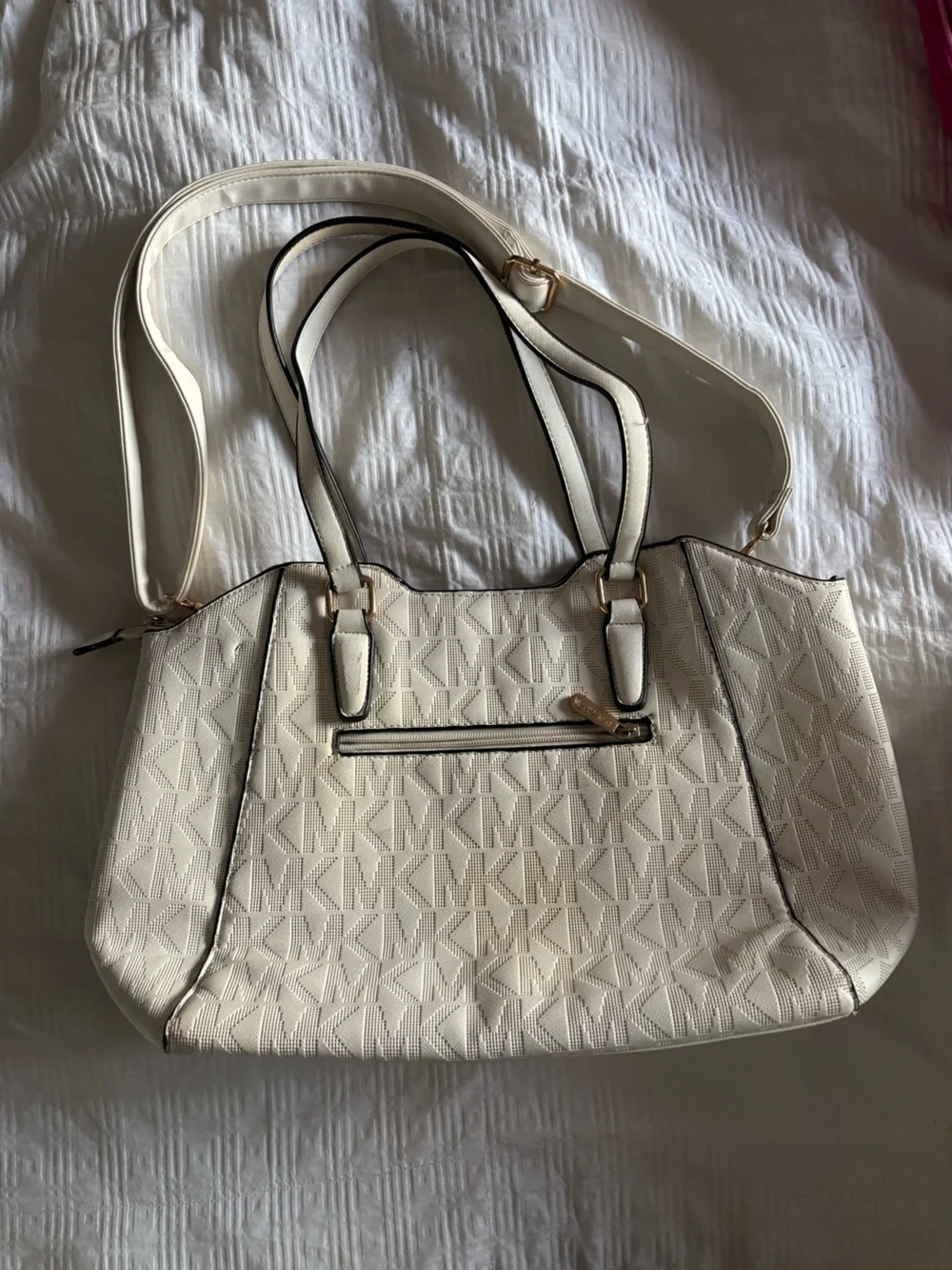 Michael Kors Cream MK Logo Tote with Gold-Tone Medallion